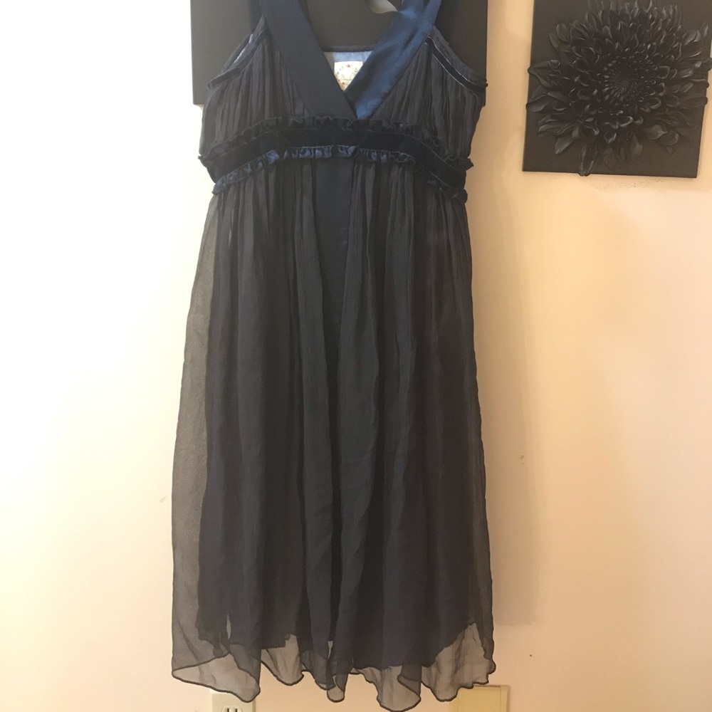 Silk navy evening dress with velvet detailing